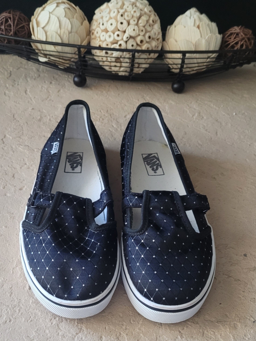 Size 3 VANS Slip-On Casual Black/White Diamond Dots Canvas Kid Shoes